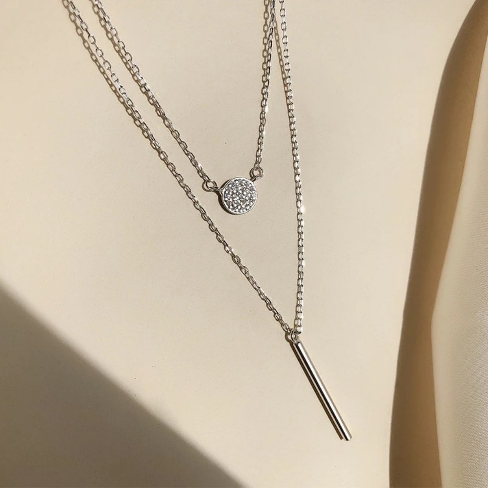 NEW 925 Silver Diamond Coin Bar Layered Necklace 7 - Picture 4 of 8